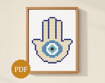 Schema punto croce con mano di Hamsa e occhio malvagio, mano di Fatima, arredamento orientale moderno, regalo spirituale