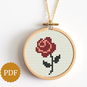 Burgundy Rose Easy Cross Stitch PDF, Miniature Embroidery Hoop Art, Pixel Art for Hama Beads, Vintage Style Pattern, Shabby Chic Home Decor