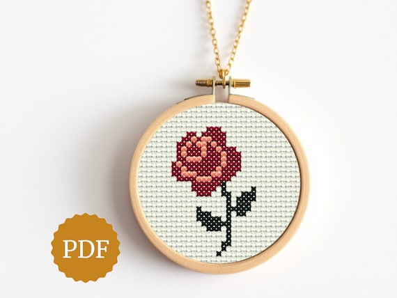 Burgundy Rose Easy Cross Stitch PDF, Miniature Embroidery Hoop Art, Pixel Art for Hama Beads, Vintage Style Pattern, Shabby Chic Home Decor
