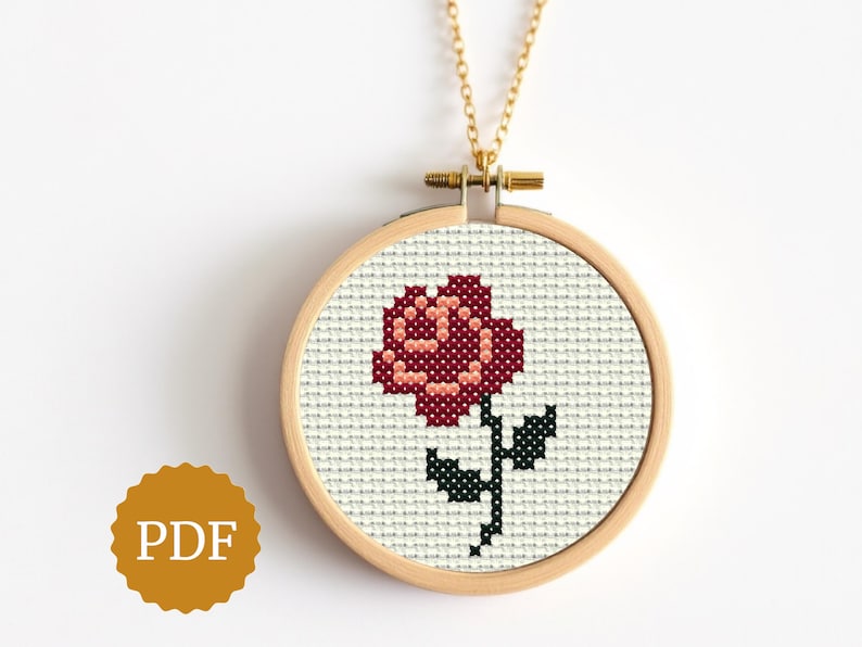 Burgundy Rose Easy Cross Stitch PDF, Miniature Embroidery Hoop Art, Pixel Art for Hama Beads, Vintage Style Pattern, Shabby Chic Home Decor image 1