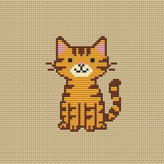 オレンジ色のぶち猫のクロスステッチ図案、かわいい猫の刺繍デザイン
