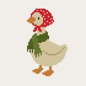 May include: A pixelated illustration of a goose wearing a red bonnet with white polka dots and a green scarf. The goose has a beige body, orange feet, and a yellow beak. The background is a solid beige color.