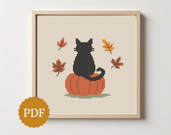 Black Cat on Pumpkin Cross Stitch Pattern, Autumn Cat Embroidery, Cute Halloween Sampler, Fall Leaves Hoop Art, Cat Lover Gift, Fall Decor