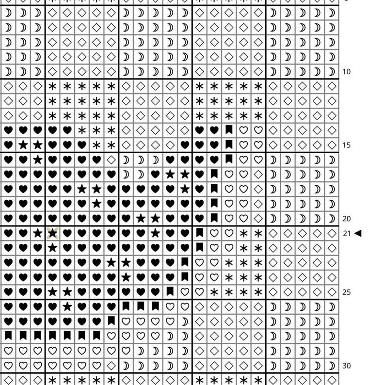 May include: A cross-stitch pattern chart with a grid of symbols including hearts, stars, and moons. The design is primarily black and white, with a few symbols in a lighter color. The chart is for a craft project.