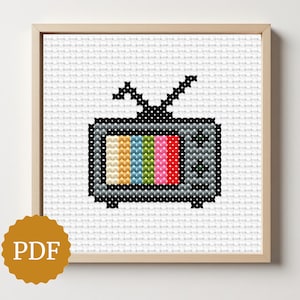 Miniature Retro Television, Cross Stitch Pattern, Simple Stitching, Easy for Beginners,  Vintage TV Test, 50s 60s 70s 80s, Arcade Game Fan