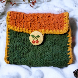 Borsa portaoggetti retrò all'uncinetto, borsa casual in maglia, chiusura con bottone a forma di ciliegia, astuccio per cosmetici minimalista in cotone, porta carte lavorato a maglia, piccolo regalo
