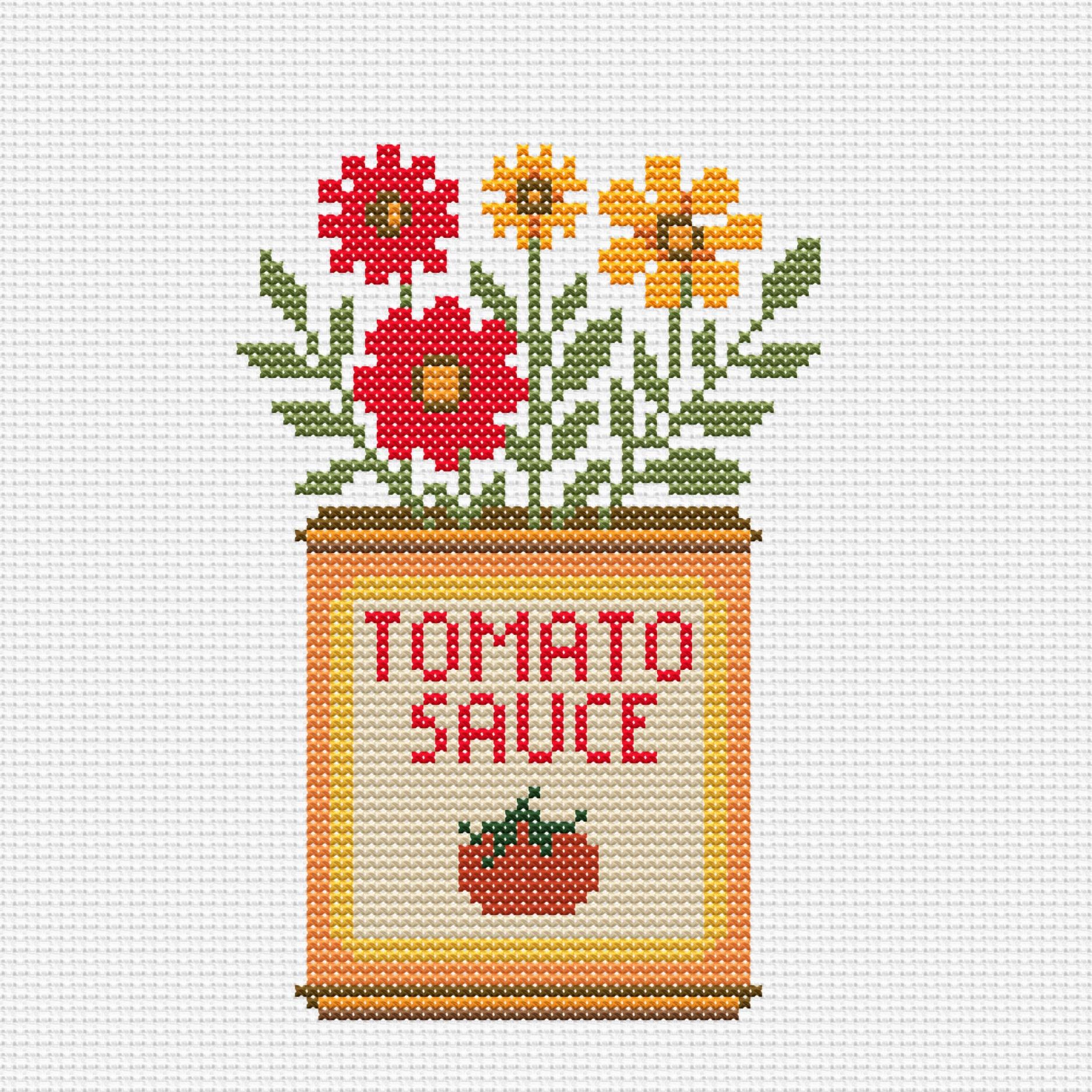 Vintage Cross Stitch Pattern, Tomato Sauce Can PDF, Retro Flower