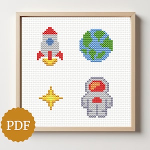 Space Cross Stitch Pattern Set – Rocket Earth Astronaut Star – Galaxy Mini Motifs – Easy Beginner PDF
