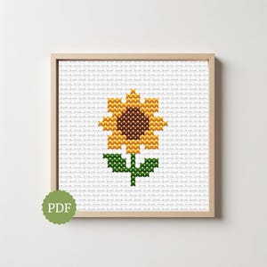 May include: A cross-stitch pattern of a sunflower with yellow petals, a brown centre, and a green stem with two leaves, displayed in a light wood frame. A green circular badge with the white text PDF is positioned in the bottom left corner.