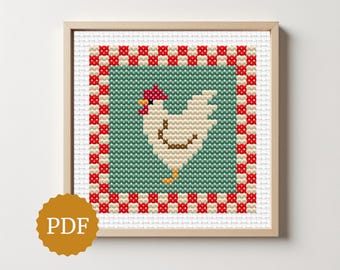Patrón de gallina en punto de cruz, punto festivo sencillo, decoración navideña rústica para cocina, bordado minimalista de gallinas campestres, descarga instantánea