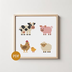 Tiny Farm Animals Cross Stitch Pattern Set | Cow Pig Chicken Sheep | Farmhouse Embroidery PDF