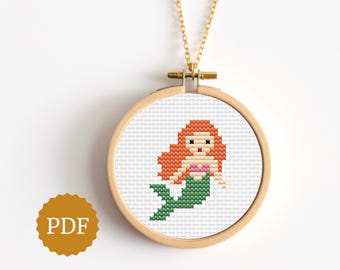 Miniature Mermaid Cross Stitch Pattern, Tiny Cute Whimsical PDF for Mini Hoop Art, Small Coastal Embroidery Pendant for Jewelry Making