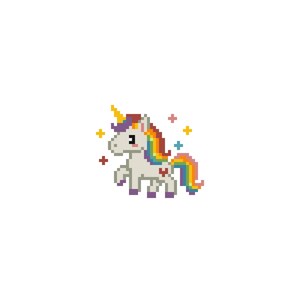 Puede incluir: Una ilustraci&oacute;n en pixel art de un unicornio blanco con un cuerno amarillo, una melena y cola de colores arco&iacute;ris, y un peque&ntilde;o coraz&oacute;n rojo en el flanco. El unicornio est&aacute; rodeado por varias estrellas peque&ntilde;as de cuatro puntas en rojo, amarillo y azul.