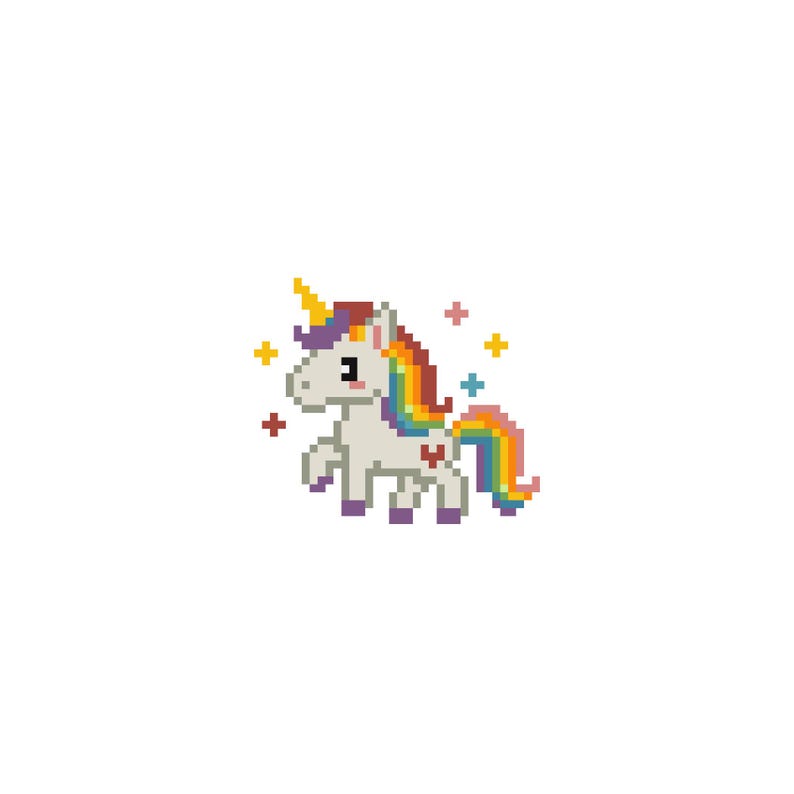 Puede incluir: Una ilustraci&oacute;n en pixel art de un unicornio blanco con un cuerno amarillo, una melena y cola de colores arco&iacute;ris, y un peque&ntilde;o coraz&oacute;n rojo en el flanco. El unicornio est&aacute; rodeado por varias estrellas peque&ntilde;as de cuatro puntas en rojo, amarillo y azul.
