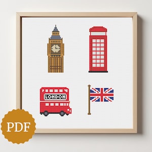 May include: A framed cross-stitch depicting London landmarks. The design includes Big Ben, a red telephone box, a double-decker bus with "LONDON" text, and the Union Jack flag. The PDF logo is in the bottom left corner.