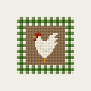 May include: A square, pixelated image of a white chicken with a red comb and yellow feet, set against a brown background. The image is framed by a green and white checkered border, creating a rustic, country aesthetic.
