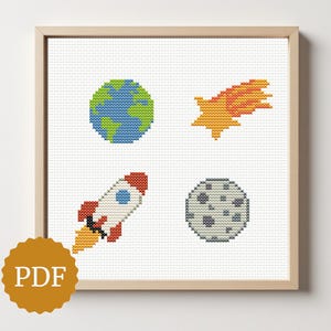 Space Cross Stitch Pattern Set – Earth Meteor Rocket Moon – Galaxy Mini Motifs – Easy Beginner PDF