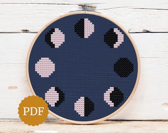 Schema punto croce con fasi lunari, schema facile, regalo per appassionati di astrologia, tema celeste, arredamento boho, motivo spirituale, decorazione murale stregonesca