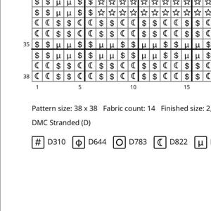 May include: A cross-stitch pattern chart with a grid of symbols, including dollar signs, stars, and Greek letters. The chart includes color codes and the text "Pattern size: 38 x 38".