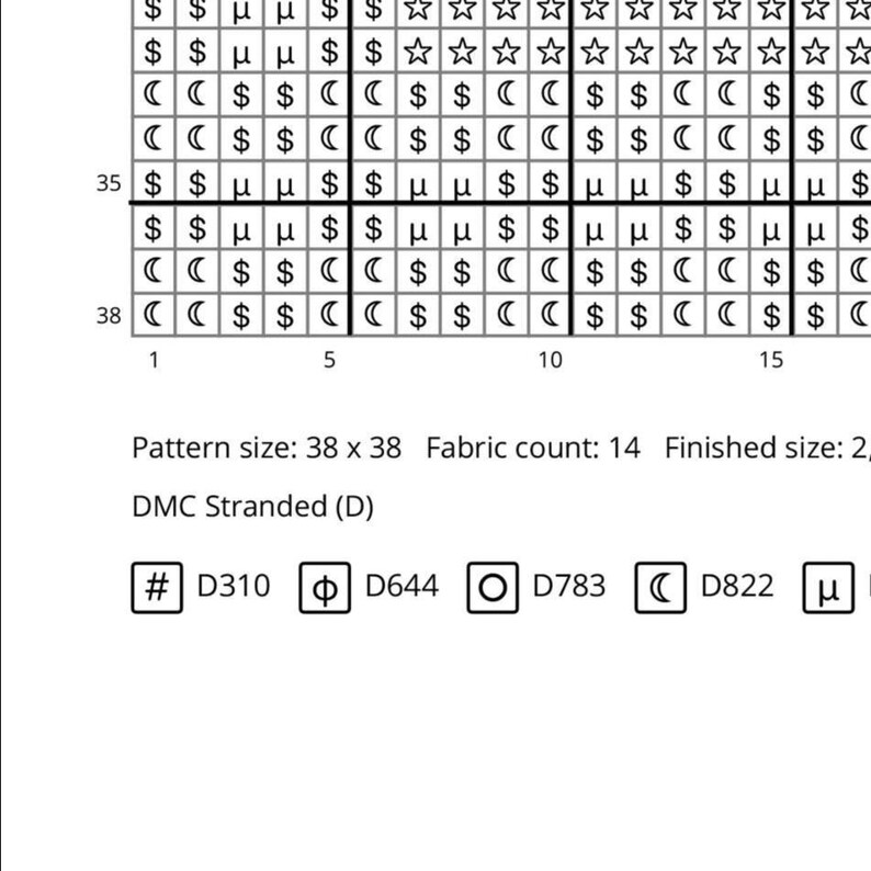 May include: A cross-stitch pattern chart with a grid of symbols, including dollar signs, stars, and Greek letters. The chart includes color codes and the text "Pattern size: 38 x 38".