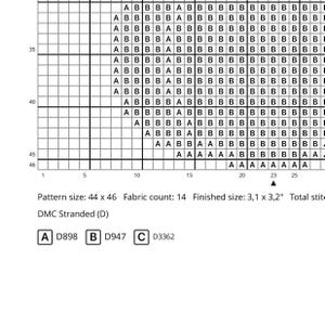 May include: A cross-stitch pattern chart with a grid of squares, featuring color-coded symbols and numbers. The chart includes the pattern size, fabric count, and finished size in inches. DMC stranded cotton color codes are also listed.