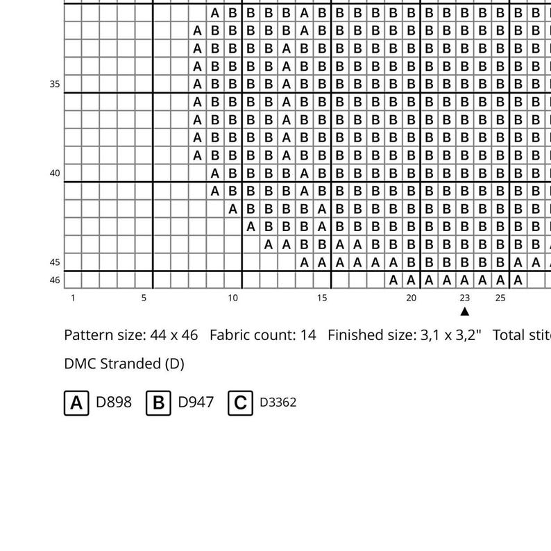 May include: A cross-stitch pattern chart with a grid of squares, featuring color-coded symbols and numbers. The chart includes the pattern size, fabric count, and finished size in inches. DMC stranded cotton color codes are also listed.