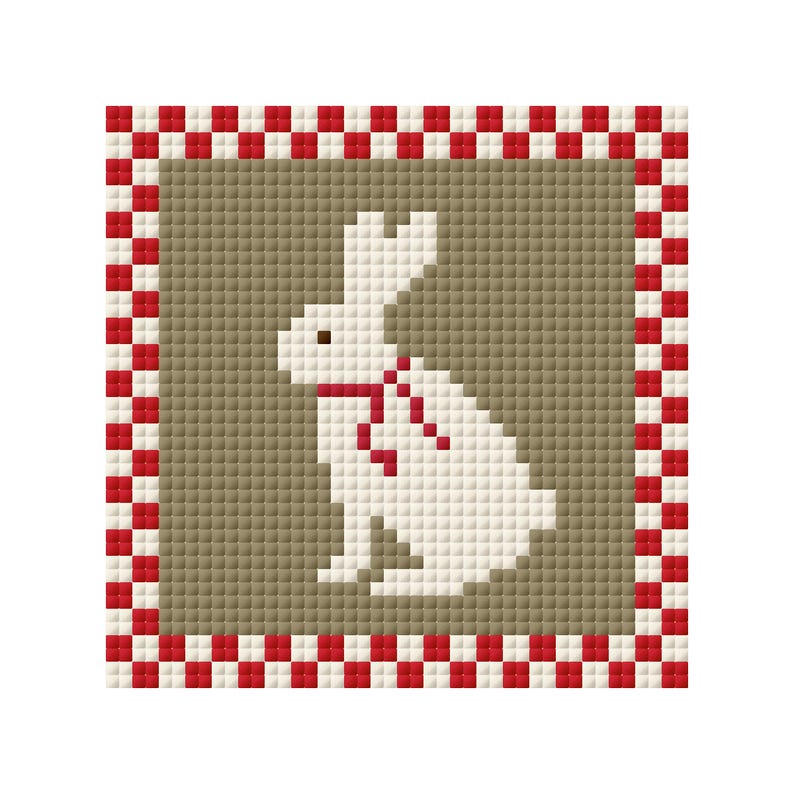 May include: A pixelated image of a white rabbit with a red bow tie, set against a tan background. The image is framed by a red and white checkered border, creating a cross-stitch effect. The design is simple and charming.
