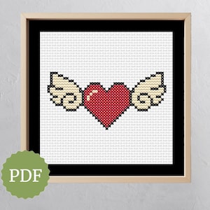 Cross Stitch Heart with Wings, Instant Download PDF, Retro Pattern, Easy for Beginners, Vintage Wall Decor, Handmade Gift, Miniature Art