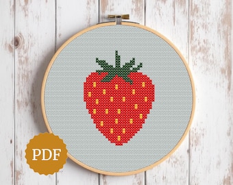 Aardbeien kruissteekpatroon, eenvoudig fruitborduurontwerp, leuke zomerbessen getelde steekkaart, mini hoepelkunst voor beginners, retro keuken
