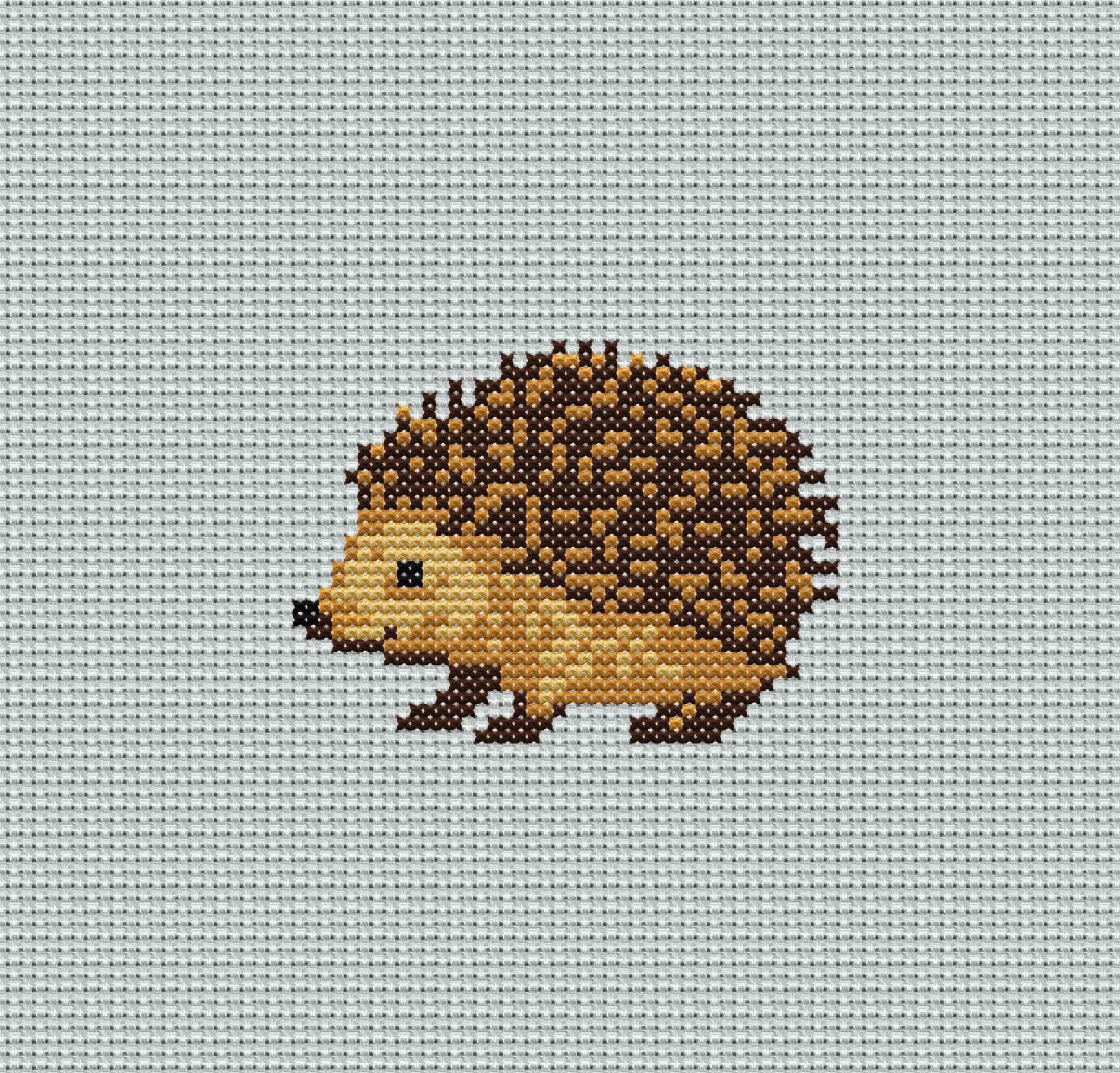 ハリネズミのクロスステッチ図案、森の動物刺繍、初心者向け簡単PDF