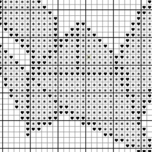 Op de afbeelding: Een kruissteekpatroon gedrukt op een witte rasterachtergrond, met zwarte symbolen bestaande uit sterretjes en hartvormen die in specifieke clusters zijn gerangschikt om de plaatsing van steken voor een handwerkproject te begeleiden.