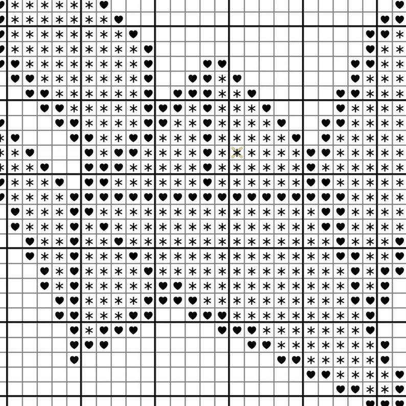 Op de afbeelding: Een kruissteekpatroon gedrukt op een witte rasterachtergrond, met zwarte symbolen bestaande uit sterretjes en hartvormen die in specifieke clusters zijn gerangschikt om de plaatsing van steken voor een handwerkproject te begeleiden.