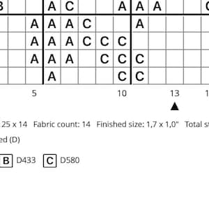 Op de afbeelding: Een kruissteekpatroonkaart met een raster van vierkanten, met letters en cijfers. De kaart bevat de tekst "Afmeting: 4,3 x 2,5 cm". Kleurcodes B en C zijn ook afgebeeld.