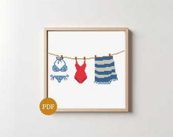 Borduurpatroon voor de was op een Grieks eiland (PDF), borduurwerk voor de zomer aan de Egeïsche Zee, hangende handdoek voor badkleding, kustdecoratie voor aan de muur