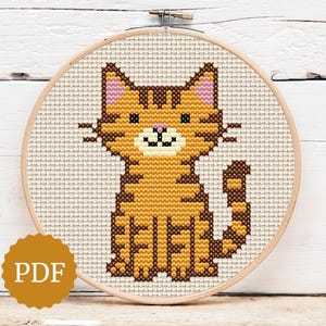 Korsstygnsmönster med orange tabbykatt, broderidesign med söt katt, nybörjarvänlig PDF, present till ringkonst för djurälskare, enkel modern X-stygn