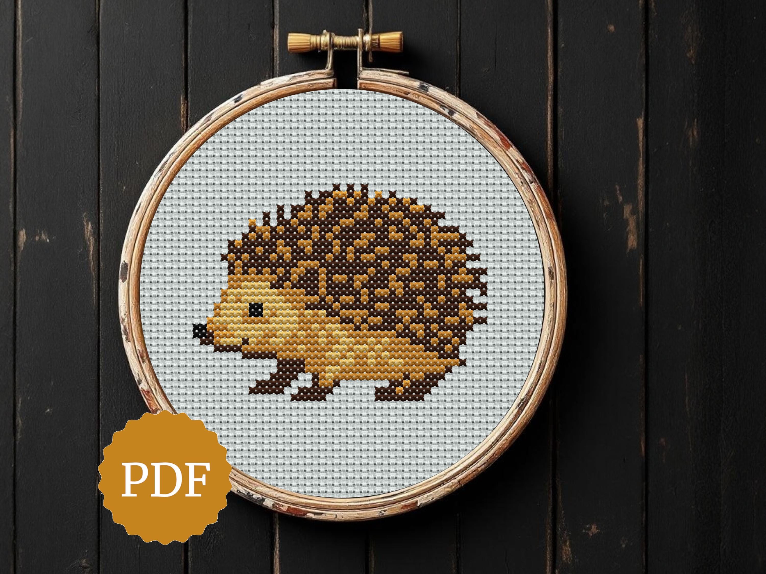 ハリネズミのクロスステッチ図案、森の動物刺繍、初心者向け簡単PDF