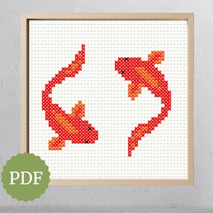 Koi Fish Modern Cross Stitch Chart, Easy Embroidery Pattern, Simple X Stitch, Pixel Art for Hama Bead, Japanese Wall Art, Oriental Koi Carps