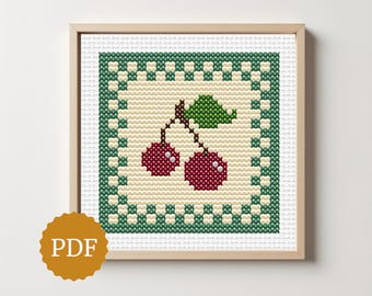 Vintage Cherry Cross Stitch Pattern, Cottagecore Kitchen Decor, Retro Fruit Embroidery PDF, Granny Chic Wall Decor, Country Farm Home Decor