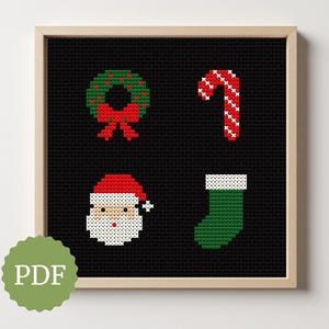 Peut inclure: Un motif de point de croix encadré avec des icônes de Noël sur fond noir. Le motif comprend une couronne verte avec un nœud rouge, une canne en bonbon rouge et blanche, un visage de Père Noël et une chaussette verte avec un revers blanc. Une icône PDF est en bas à gauche.