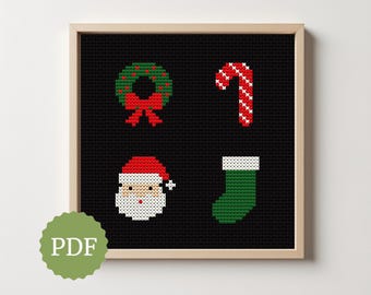 May include: A framed cross-stitch design with Christmas symbols on a black backdrop. The design includes a green wreath with a red bow, a red and white candy cane, a Santa Claus face, and a green stocking with a white cuff. A PDF icon is in the lower left.