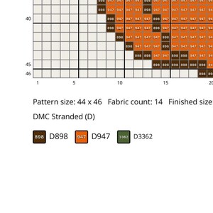 May include: A cross-stitch pattern grid with numbered rows and columns. The grid features a color key with DMC thread numbers and color swatches. The pattern size is 44 x 46, with a fabric count of 14.