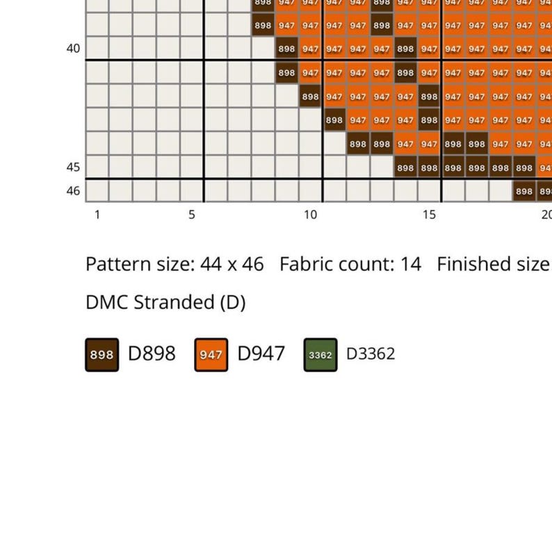 May include: A cross-stitch pattern grid with numbered rows and columns. The grid features a color key with DMC thread numbers and color swatches. The pattern size is 44 x 46, with a fabric count of 14.