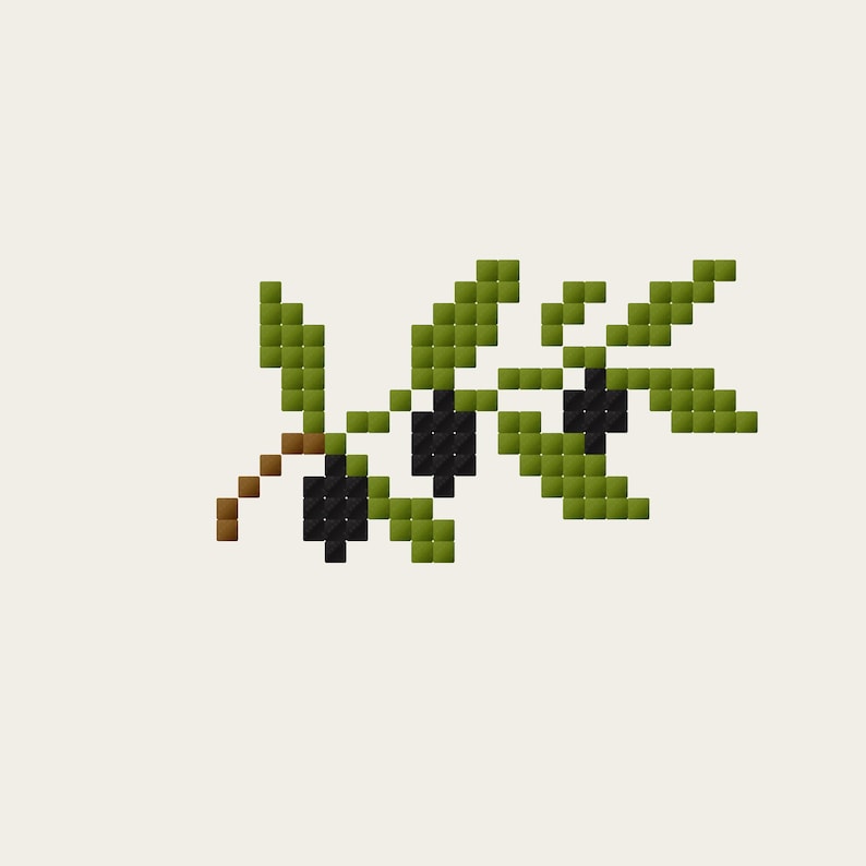 Op de afbeelding: Pixelafbeelding van een olijftak met groene bladeren en zwarte olijven. De tak is bruin, de achtergrond is cr&egrave;mekleurig. Het ontwerp is eenvoudig en geometrisch.