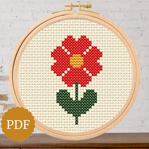 Counted Cross Stitch Red Daisy Pattern, Easy to Stitch, Simple for Beginners, Small Flower Embroidery, Nursery Baby Gift, Floral Wall Decor