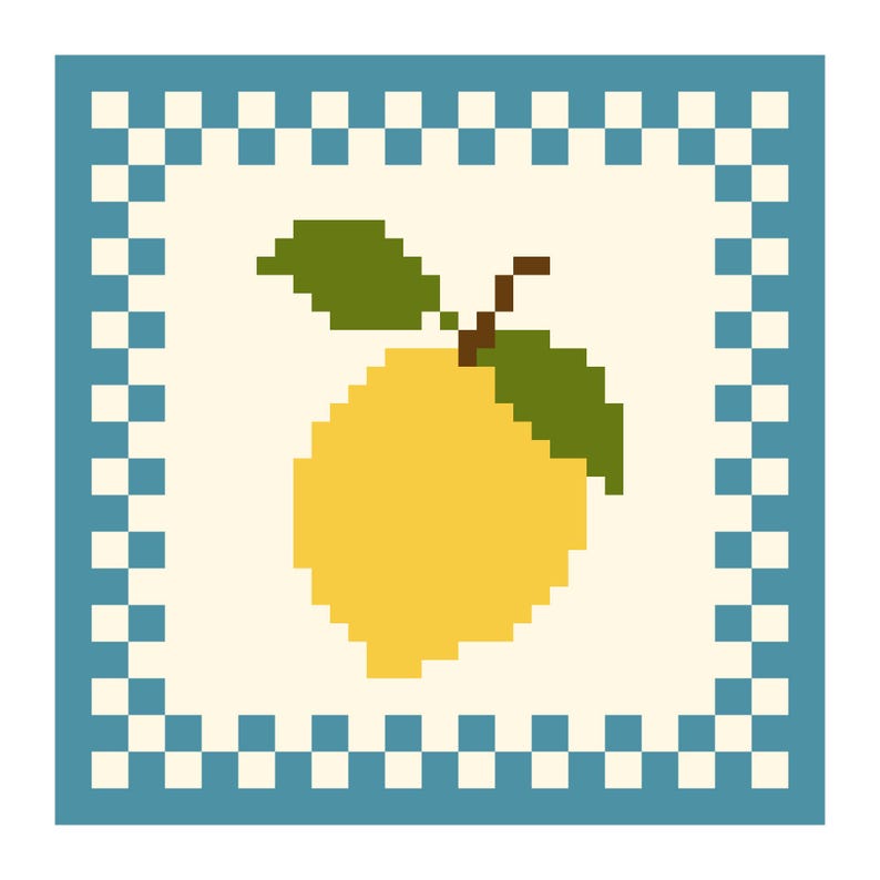 Puede incluir: Ilustraci&oacute;n pixelada de un lim&oacute;n amarillo con hojas verdes y un tallo marr&oacute;n. El lim&oacute;n est&aacute; centrado sobre un fondo crema, enmarcado por un borde azul con un patr&oacute;n de cuadros.