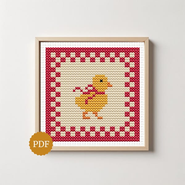 Chic Cross Stitch Pattern, Sweet Little Chicken Motif, Checkered Border Pattern, Farm Animal Embroidery, Easy for Beginners