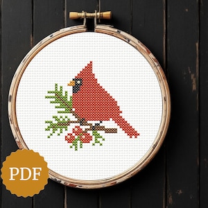 Festive Cardinal Cross Stitch Pattern, Winter Bird Embroidery PDF, DIY Woodland Christmas Gifts, Holiday Hoop Art, Cardinal on Pine Branch
