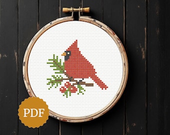 カーディナルのクロスステッチ図案、冬の鳥の刺繍（PDF）、森の