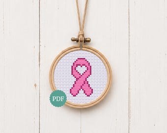 Pink Ribbon with Heart, Counted Cross Stitch Pattern, Breast Cancer Fundraiser, Just Cure It Pattern, Mini Awareness Ribbon, Easy Pattern