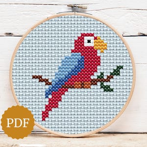 Tropical Parrot, Modern Cross Stitch Pattern, Scarlet Macaw, Colourful Bird Embroidery, Quick & Easy for Beginners, Mexican Style Home Decor